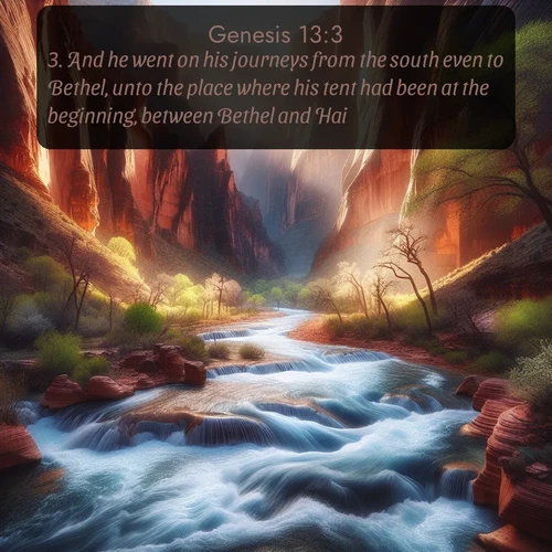 citation biblique : 3. And he went on his journeys from the south even to Bethel, unto the place where his tent had been at the beginning, between Bethel and Hai;
 sur fond image nature