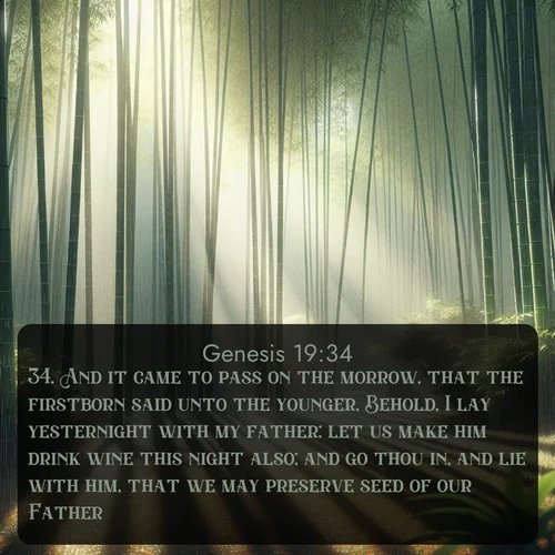 citation biblique : 34. And it came to pass on the morrow, that the firstborn said unto the younger, Behold, I lay yesternight with my father: let us make him drink wine this night also; and go thou in, and lie with him, that we may preserve seed of our Father.
 sur fond image nature