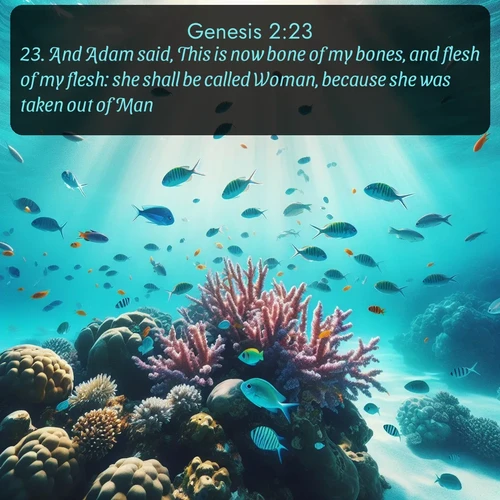 citation biblique : 23. And Adam said, This is now bone of my bones, and flesh of my flesh: she shall be called Woman, because she was taken out of Man.
 sur fond image nature