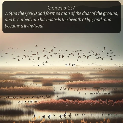 citation biblique : 7. And the LORD God formed man of the dust of the ground, and breathed into his nostrils the breath of life; and man became a living soul.
 sur fond image nature
