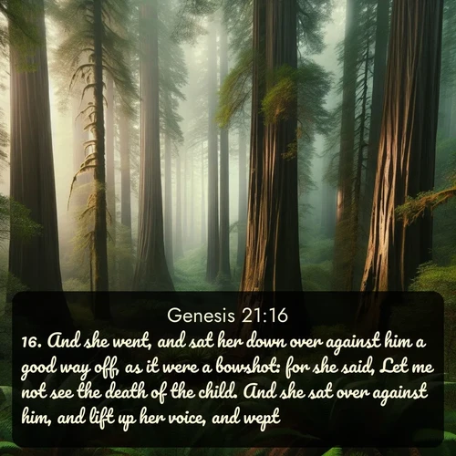 KJV Genesis 21:16 overlaying nature image scene: Coastal redwoods disappear into the fog high above a fern grove.;16. And she went, and sat her down over against him a good way off, as it were a bowshot: for she said, Let me not see the death of the child. And she sat over against him, and lift up her voice, and wept.