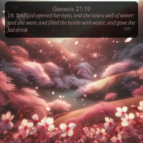 citation biblique : 19. And God opened her eyes, and she saw a well of water; and she went, and filled the bottle with water, and gave the lad drink.
 sur fond image nature