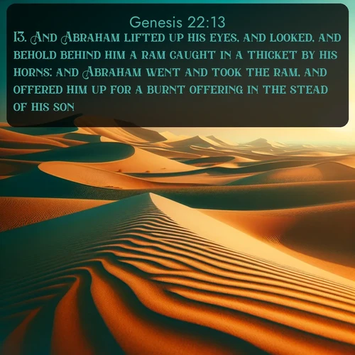 citation biblique : 13. And Abraham lifted up his eyes, and looked, and behold behind him a ram caught in a thicket by his horns: and Abraham went and took the ram, and offered him up for a burnt offering in the stead of his son.
 sur fond image nature