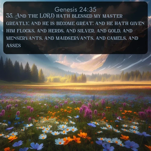 KJV Genesis  ; image nature: image with the bible verse :And the LORD hath blessed my master greatly; and he is become great: and he hath given him flocks, and herds, and silver, and gold, and menservants, and maidservants, and camels, and asses. ; Discover Bible images adorned with spring landscapes, like tulip fields, cherry blossoms, and green hills. These bright scenes symbolize God&#039;s renewal and grace. Download verses like KJV Genesis 24:35. Current verse is overlayed with the thematic nature scene : Spring wildflowers carpet an alpine meadow beneath snow-capped peaks. ; 24:35