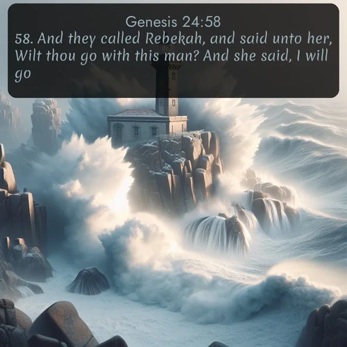 citation biblique : 58. And they called Rebekah, and said unto her, Wilt thou go with this man? And she said, I will go.
 sur fond image nature