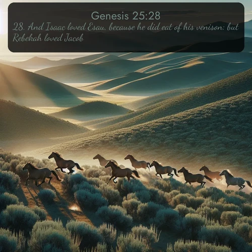 citation biblique : 28. And Isaac loved Esau, because he did eat of his venison: but Rebekah loved Jacob.
 sur fond image nature