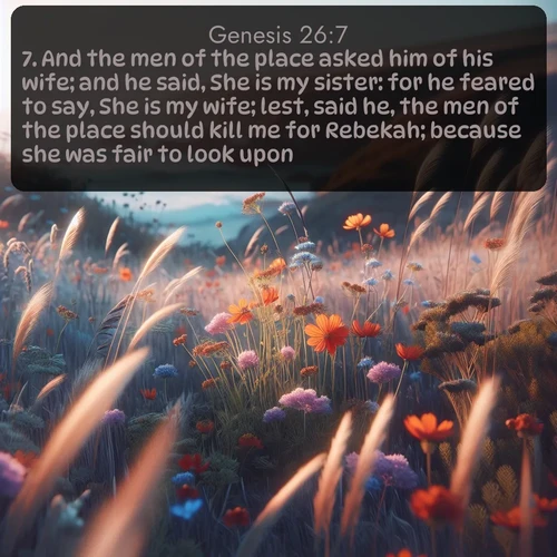 citation biblique : 7. And the men of the place asked him of his wife; and he said, She is my sister: for he feared to say, She is my wife; lest, said he, the men of the place should kill me for Rebekah; because she was fair to look upon.
 sur fond image nature