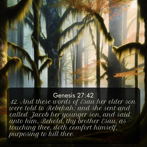 citation biblique : 42. And these words of Esau her elder son were told to Rebekah: and she sent and called Jacob her younger son, and said unto him, Behold, thy brother Esau, as touching thee, doth comfort himself, purposing to kill thee.
 sur fond image nature