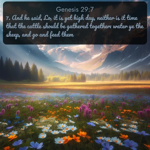 citation biblique : 7. And he said, Lo, it is yet high day, neither is it time that the cattle should be gathered together: water ye the sheep, and go and feed them.
 sur fond image nature