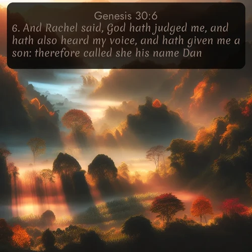 citation biblique : 6. And Rachel said, God hath judged me, and hath also heard my voice, and hath given me a son: therefore called she his name Dan.
 sur fond image nature