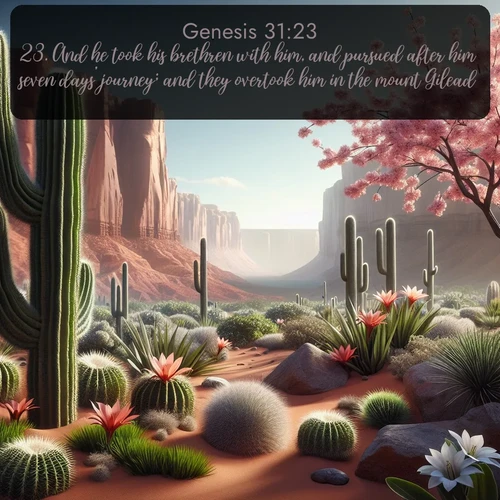 KJV Genesis  ; image nature: image with the bible verse :And he took his brethren with him, and pursued after him seven days&#039; journey; and they overtook him in the mount Gilead. ; Explore a stunning collection of Bible verse images featuring picturesque scenery like sun-drenched meadows, tranquil lakes, and majestic forests. All images are free to download and share. Verses include KJV Genesis 31:23. Current verse is overlayed with the thematic nature scene : Desert cacti burst with spring blooms against red sandstone formations. ; 31:23
