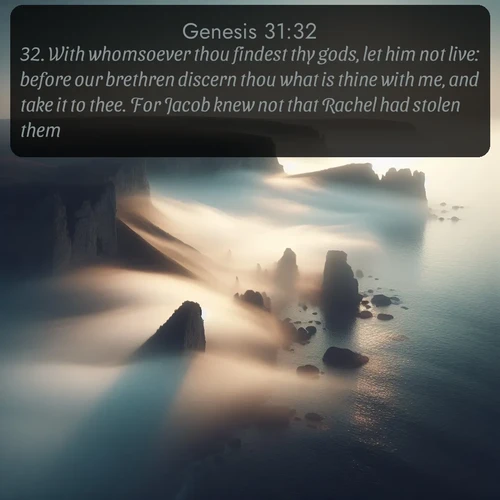 citation biblique : 32. With whomsoever thou findest thy gods, let him not live: before our brethren discern thou what is thine with me, and take it to thee. For Jacob knew not that Rachel had stolen them.
 sur fond image nature
