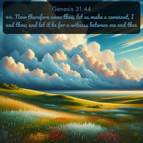 KJV Genesis  ; image nature: image with the bible verse :Now therefore come thou, let us make a covenant, I and thou; and let it be for a witness between me and thee. ; Browse our collection of Bible verses paired with captivating photos of God’s creation, like crystal-clear lakes, majestic cliffs, and colorful skies. All images are free for download and sharing. Verse examples include KJV Genesis 31:44. Current verse is overlayed with the thematic nature scene : Summer thunderheads build over grasslands dotted with wildflowers. ; 31:44