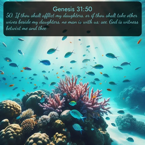 KJV Genesis  ; image nature: image with the bible verse :If thou shalt afflict my daughters, or if thou shalt take other wives beside my daughters, no man is with us; see, God is witness betwixt me and thee. ; Explore serene Bible verse images adorned with photos of divine creation—tranquil beaches, snowy mountains, and starry skies. Each image is free to download and share. Verses include KJV Genesis 31:50. Current verse is overlayed with the thematic nature scene : Tropical fish dart through coral reefs in crystal-clear waters. ; 31:50