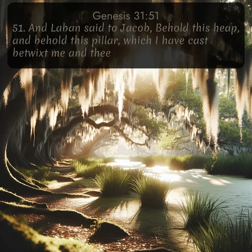KJV Genesis  ; image nature: image with the bible verse :And Laban said to Jacob, Behold this heap, and behold this pillar, which I have cast betwixt me and thee; ; Discover a unique collection of Bible verses adorned with winter landscapes, such as snow-covered forests, gently falling snowflakes, and pristine mountains. These images evoke the peace and purity of God&#039;s creation. Share verses like KJV Genesis 31:51. Current verse is overlayed with the thematic nature scene : Summer afternoon light filters through Spanish moss in a bayou. ; 31:51