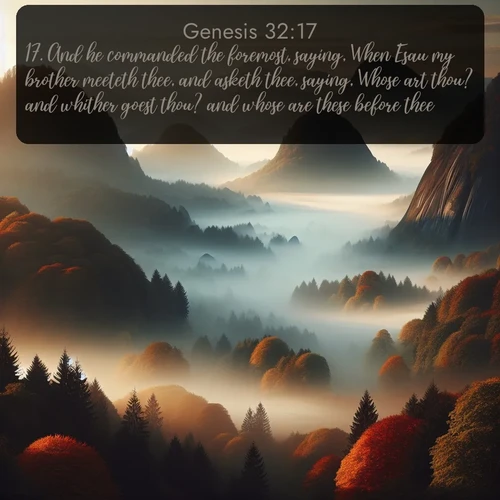 citation biblique : 17. And he commanded the foremost, saying, When Esau my brother meeteth thee, and asketh thee, saying, Whose art thou? and whither goest thou? and whose are these before thee?
 sur fond image nature