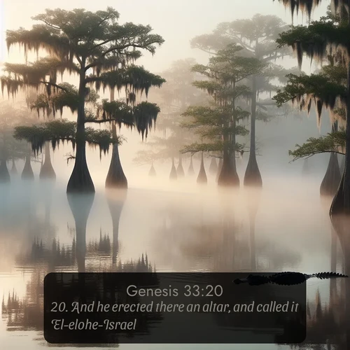 KJV Genesis  ; image nature: image with the bible verse :And he erected there an altar, and called it El-elohe-Israel. ; Explore Bible verses paired with beach photos, where waves gently crash on the sand and the sky glows with pastel hues at sunset. These scenes convey deep serenity. Download verses like KJV Genesis 33:20. Current verse is overlayed with the thematic nature scene : Morning fog clings to gnarled cypress trees in the swamp. An alligator glides silently through the dark water. ; 33:20