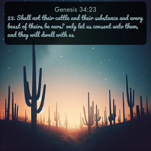 citation biblique : 23. Shall not their cattle and their substance and every beast of theirs be ours? only let us consent unto them, and they will dwell with us.
 sur fond image nature