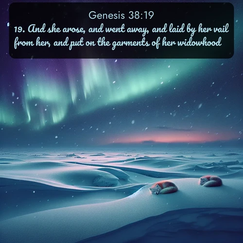 citation biblique : 19. And she arose, and went away, and laid by her vail from her, and put on the garments of her widowhood.
 sur fond image nature