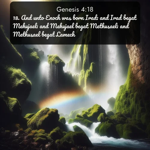 citation biblique : 18. And unto Enoch was born Irad: and Irad begat Mehujael: and Mehujael begat Methusael: and Methusael begat Lamech.
 sur fond image nature