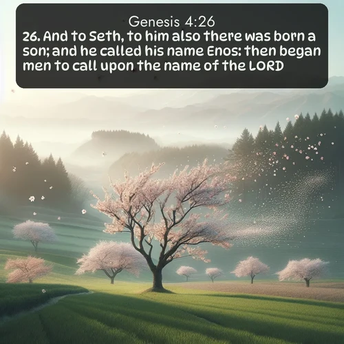 citation biblique : 26. And to Seth, to him also there was born a son; and he called his name Enos: then began men to call upon the name of the LORD.
 sur fond image nature