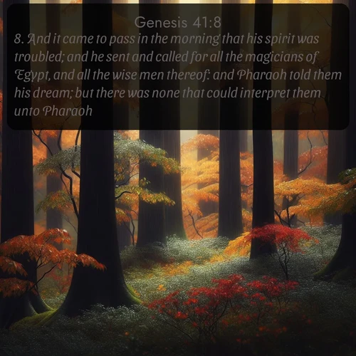 citation biblique : 8. And it came to pass in the morning that his spirit was troubled; and he sent and called for all the magicians of Egypt, and all the wise men thereof: and Pharaoh told them his dream; but there was none that could interpret them unto Pharaoh.
 sur fond image nature