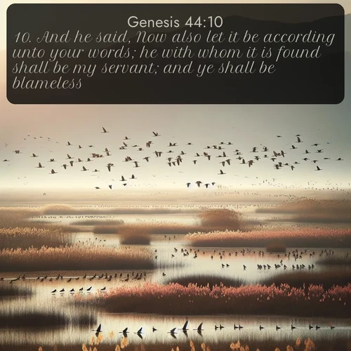 citation biblique : 10. And he said, Now also let it be according unto your words; he with whom it is found shall be my servant; and ye shall be blameless.
 sur fond image nature