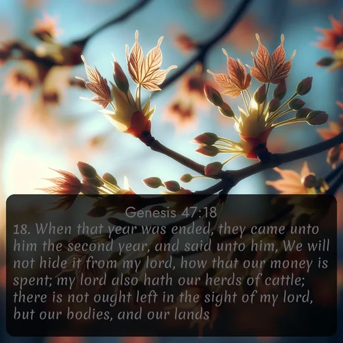KJV Genesis 47:18 overlaying nature image scene: Spring buds burst open on maple branches against a blue sky.;18. When that year was ended, they came unto him the second year, and said unto him, We will not hide it from my lord, how that our money is spent; my lord also hath our herds of cattle; there is not ought left in the sight of my lord, but our bodies, and our lands: