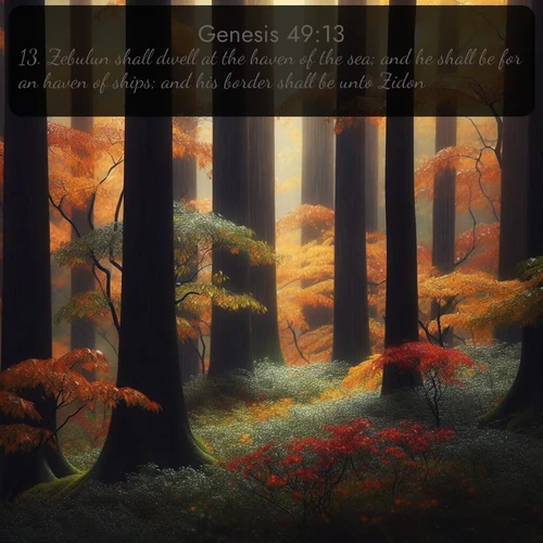 KJV Genesis  ; image nature: image with the bible verse :Zebulun shall dwell at the haven of the sea; and he shall be for an haven of ships; and his border shall be unto Zidon. ; Admire Bible verse images featuring tranquil rivers, golden fields, and starry heavens. These free-to-download images make inspiring wallpapers or thoughtful gifts. Download KJV Genesis 49:13 now. Current verse is overlayed with the thematic nature scene : Autumn rain darkens tree trunks in the forest. ; 49:13