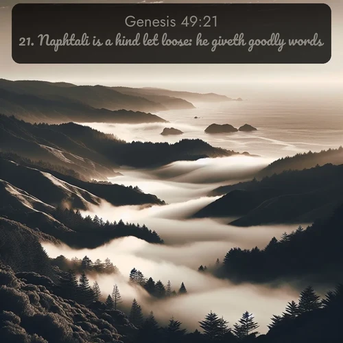 KJV Genesis  ; image nature: image with the bible verse :Naphtali is a hind let loose: he giveth goodly words. ; Admire stunning Bible verse images paired with photos of peaceful landscapes, such as foggy mornings, serene rivers, and blooming gardens. Download these free images and share verses like KJV Genesis 49:21. Current verse is overlayed with the thematic nature scene : Coastal fog rolls inland through gaps in seaside hills. ; 49:21