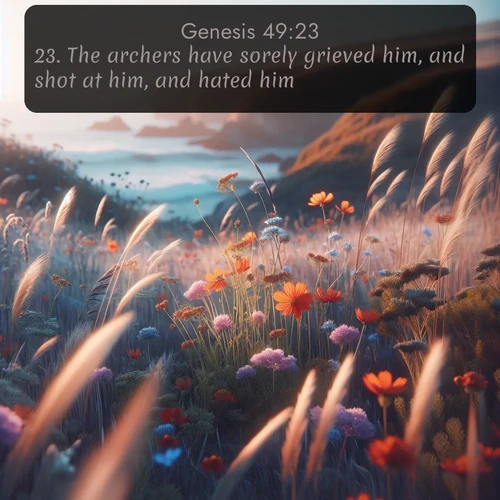 KJV Genesis  ; image nature: image with the bible verse :The archers have sorely grieved him, and shot at him, and hated him: ; Explore a collection of inspiring Bible verse images accompanied by winter photos, such as snowy landscapes, frosted trees, and frozen lakes. These images reflect the peace and purity of God&#039;s creation, with elegant fonts and luminous colors. Download and share verses like KJV Genesis 49:23. Current verse is overlayed with the thematic nature scene : Summer wildflowers wave in the breeze on coastal bluffs. ; 49:23