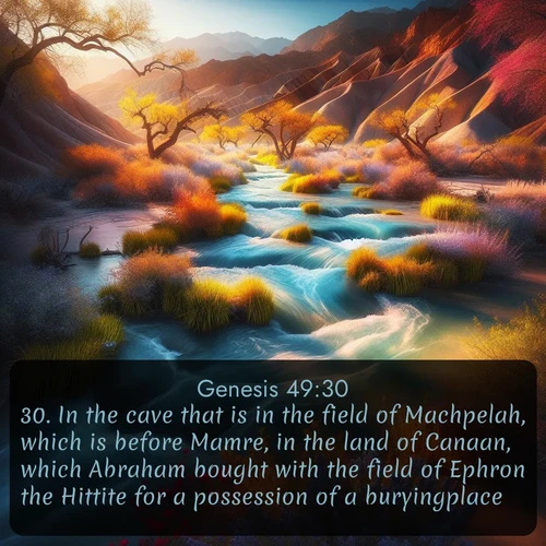 KJV Genesis  ; image nature: image with the bible verse :In the cave that is in the field of Machpelah, which is before Mamre, in the land of Canaan, which Abraham bought with the field of Ephron the Hittite for a possession of a buryingplace. ; Discover Bible verses beautifully integrated with natural scenes of varied seasons, featuring summer skies, winter snow, autumn leaves, and spring blooms. Each image captures the splendor and peace of God&#039;s creation. Share verses like KJV Genesis 49:30. Current verse is overlayed with the thematic nature scene : Spring floods transform desert arroyos into rushing streams. ; 49:30