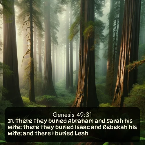 KJV Genesis  ; image nature: image with the bible verse :There they buried Abraham and Sarah his wife; there they buried Isaac and Rebekah his wife; and there I buried Leah. ; Explore a stunning collection of Bible verse images featuring picturesque scenery like sun-drenched meadows, tranquil lakes, and majestic forests. All images are free to download and share. Verses include KJV Genesis 49:31. Current verse is overlayed with the thematic nature scene : Coastal redwoods disappear into the fog high above a fern grove. ; 49:31