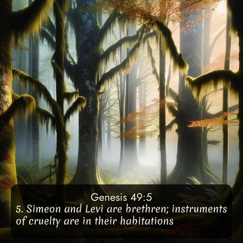 KJV Genesis  ; image nature: image with the bible verse :Simeon and Levi are brethren; instruments of cruelty are in their habitations. ; Explore beautiful Bible verse images paired with serene natural settings, such as calm seas, snowy paths, and verdant hills. Each image is free to download for your spiritual inspiration. Share KJV Genesis 49:5. Current verse is overlayed with the thematic nature scene : Autumn fog shrouds an old-growth forest draped in moss and lichen. ; 49:5
