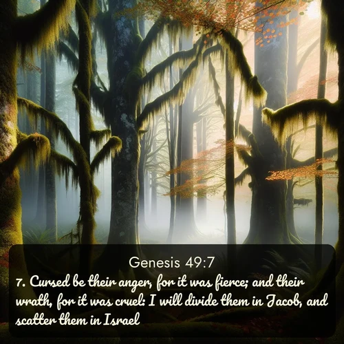 KJV Genesis  ; image nature: image with the bible verse :Cursed be their anger, for it was fierce; and their wrath, for it was cruel: I will divide them in Jacob, and scatter them in Israel. ; Explore an exceptional collection of Bible verse images accompanied by photos of nature, showcasing snowy mountains, serene forests, and still lakes. These images feature luminous tones and varied fonts to bring serenity and inspiration. Share uplifting verses like KJV Genesis 49:7. Current verse is overlayed with the thematic nature scene : Autumn fog shrouds an old-growth forest draped in moss and lichen. ; 49:7