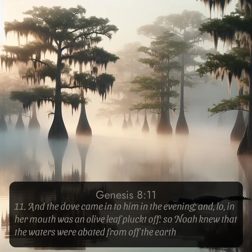 citation biblique : 11. And the dove came in to him in the evening; and, lo, in her mouth was an olive leaf pluckt off: so Noah knew that the waters were abated from off the earth.
 sur fond image nature