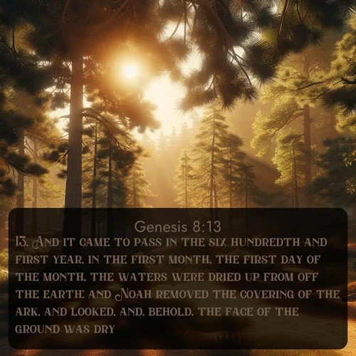 citation biblique : 13. And it came to pass in the six hundredth and first year, in the first month, the first day of the month, the waters were dried up from off the earth: and Noah removed the covering of the ark, and looked, and, behold, the face of the ground was dry.
 sur fond image nature