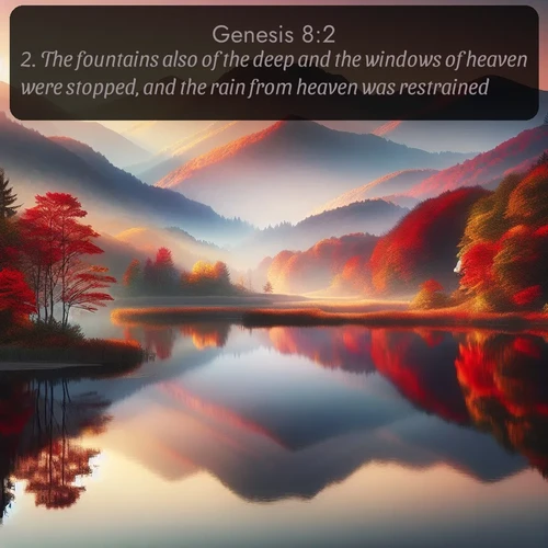 KJV Genesis  ; image nature: image with the bible verse :The fountains also of the deep and the windows of heaven were stopped, and the rain from heaven was restrained; ; Discover Bible images illustrated by desert landscapes, like sand dunes, majestic rocks, and starry skies. These images symbolize the grandeur and immensity of God&#039;s creation. Download verses like KJV Genesis 8:2. Current verse is overlayed with the thematic nature scene : Autumn colors reflect in a still mountain lake at sunrise. ; 8:2