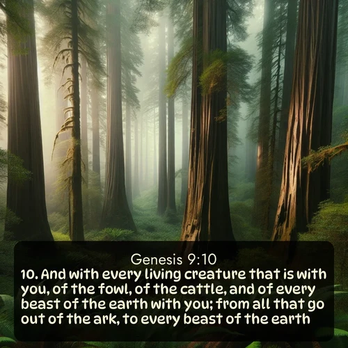 citation biblique : 10. And with every living creature that is with you, of the fowl, of the cattle, and of every beast of the earth with you; from all that go out of the ark, to every beast of the earth.
 sur fond image nature