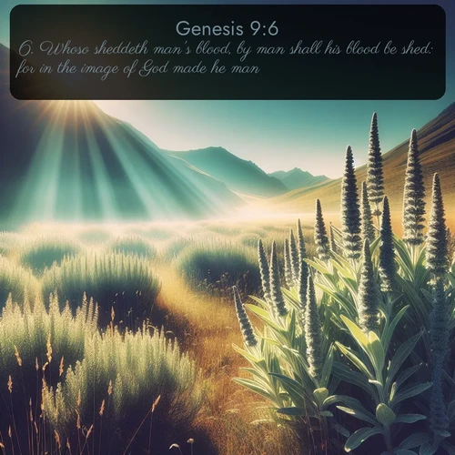 KJV Genesis  ; image nature: image with the bible verse :Whoso sheddeth man&#039;s blood, by man shall his blood be shed: for in the image of God made he man. ; Explore serene Bible verse images adorned with photos of divine creation—tranquil beaches, snowy mountains, and starry skies. Each image is free to download and share. Verses include KJV Genesis 9:6. Current verse is overlayed with the thematic nature scene : Summer heat brings out the scent of sage in mountain meadows. ; 9:6