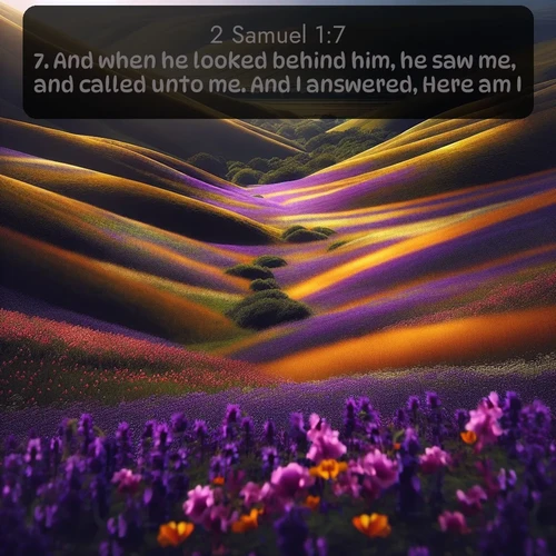citation biblique : 7. And when he looked behind him, he saw me, and called unto me. And I answered, Here am I.
 sur fond image nature