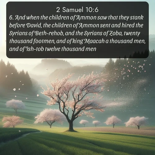 citation biblique : 6. And when the children of Ammon saw that they stank before David, the children of Ammon sent and hired the Syrians of Beth-rehob, and the Syrians of Zoba, twenty thousand footmen, and of king Maacah a thousand men, and of Ish-tob twelve thousand men.
 sur fond image nature