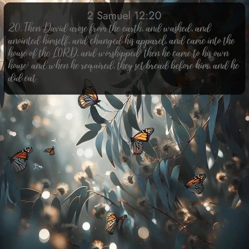 citation biblique : 20. Then David arose from the earth, and washed, and anointed himself, and changed his apparel, and came into the house of the LORD, and worshipped: then he came to his own house; and when he required, they set bread before him, and he did eat.
 sur fond image nature