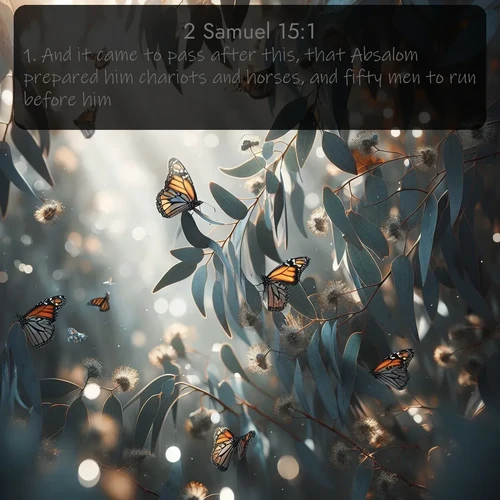 citation biblique : 1. And it came to pass after this, that Absalom prepared him chariots and horses, and fifty men to run before him.
 sur fond image nature