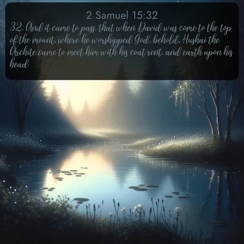 citation biblique : 32. And it came to pass, that when David was come to the top of the mount, where he worshipped God, behold, Hushai the Archite came to meet him with his coat rent, and earth upon his head:
 sur fond image nature