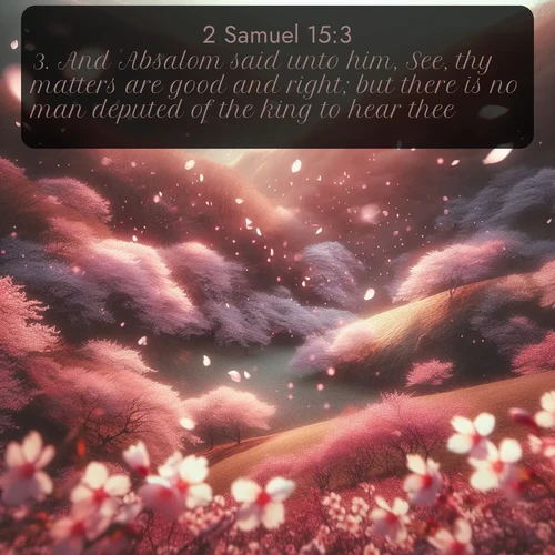 citation biblique : 3. And Absalom said unto him, See, thy matters are good and right; but there is no man deputed of the king to hear thee.
 sur fond image nature