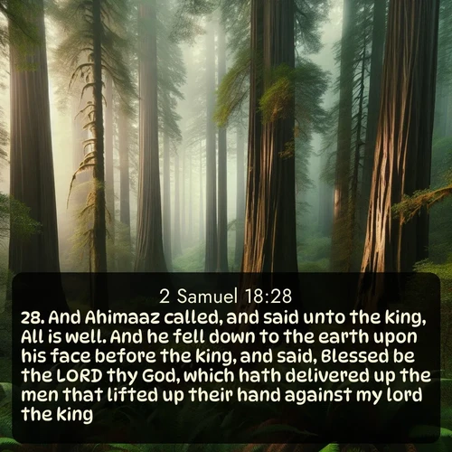 citation biblique : 28. And Ahimaaz called, and said unto the king, All is well. And he fell down to the earth upon his face before the king, and said, Blessed be the LORD thy God, which hath delivered up the men that lifted up their hand against my lord the king.
 sur fond image nature
