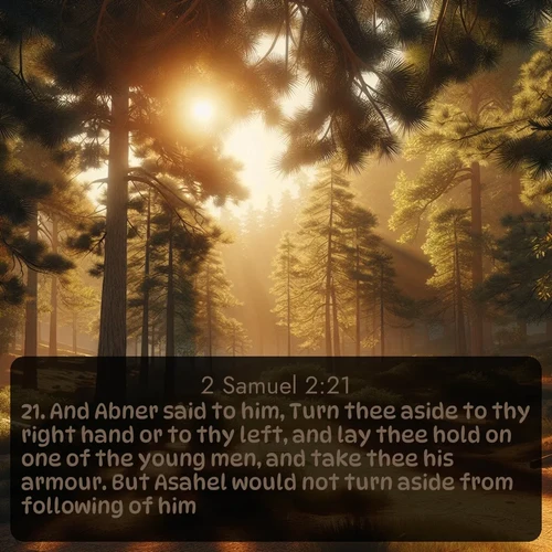KJV 2 Samuel  ; image nature: image with the bible verse :And Abner said to him, Turn thee aside to thy right hand or to thy left, and lay thee hold on one of the young men, and take thee his armour. But Asahel would not turn aside from following of him. ; Admire Bible images evoking autumn, with warm colors of fallen leaves, harvested fields, and tranquil woods. These inspiring landscapes reflect the transition and beauty of God&#039;s creation. Download verses like KJV 2 Samuel 2:21. Current verse is overlayed with the thematic nature scene : Summer heat brings out the scent of pine needles. ; 2:21