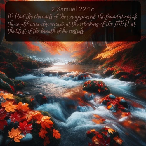 citation biblique : 16. And the channels of the sea appeared, the foundations of the world were discovered, at the rebuking of the LORD, at the blast of the breath of his nostrils.
 sur fond image nature