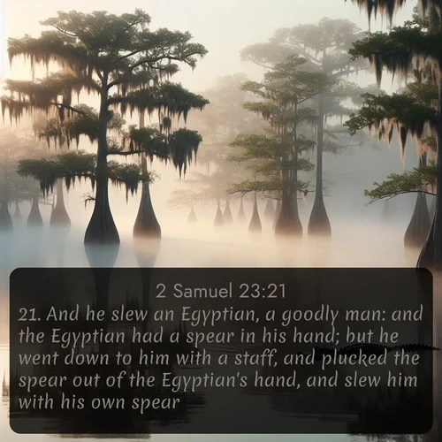 KJV 2 Samuel  ; image nature: image with the bible verse :And he slew an Egyptian, a goodly man: and the Egyptian had a spear in his hand; but he went down to him with a staff, and plucked the spear out of the Egyptian&#039;s hand, and slew him with his own spear. ; Explore Bible verses combined with serene beach photos, desert dunes, and infinite skies, highlighting God&#039;s majesty in every landscape. Download and share inspiring verses like KJV 2 Samuel 23:21. Current verse is overlayed with the thematic nature scene : Morning fog clings to gnarled cypress trees in the swamp. An alligator glides silently through the dark water. ; 23:21